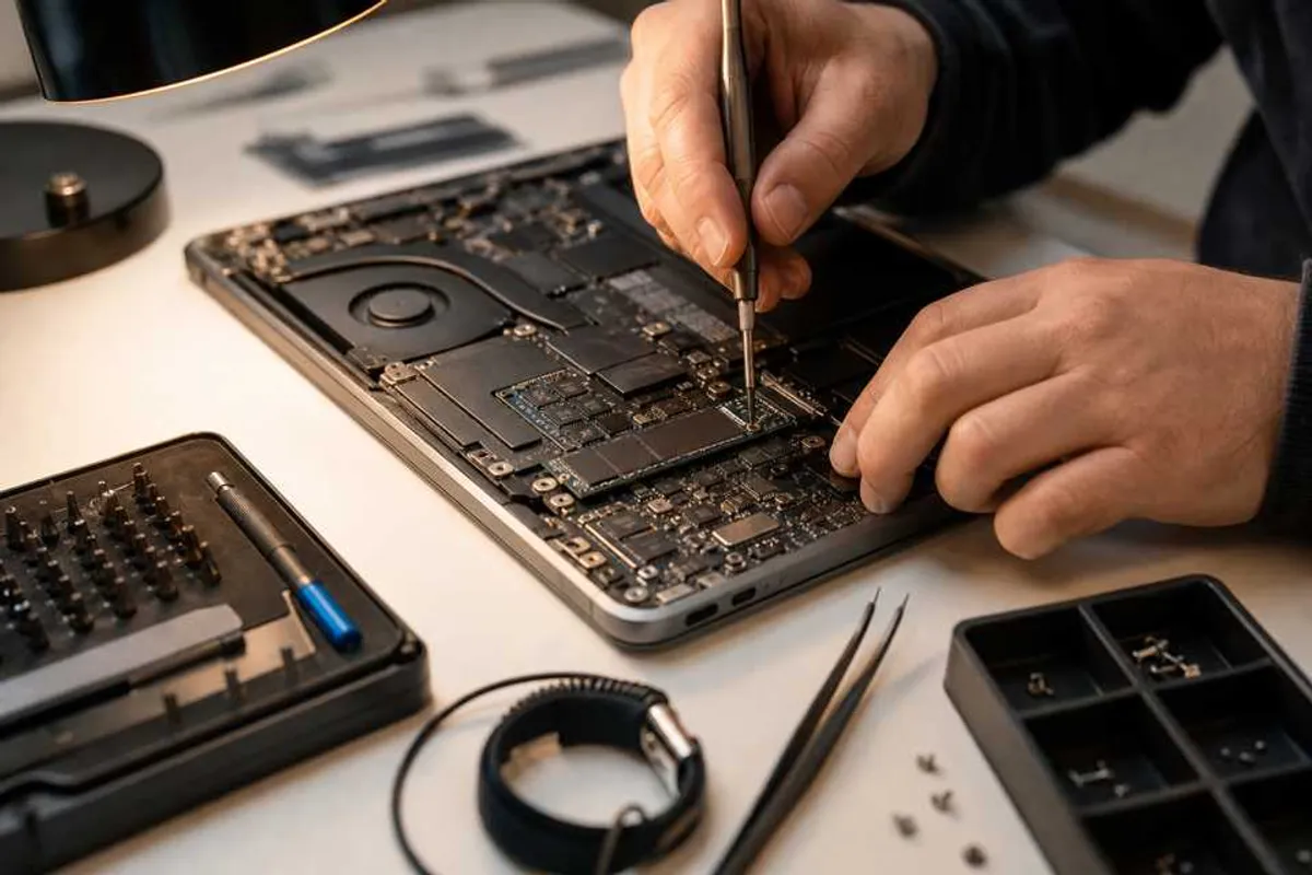Técnico consertando notebook em bancada, troca de SSD, conserto de computador em Pinheiros